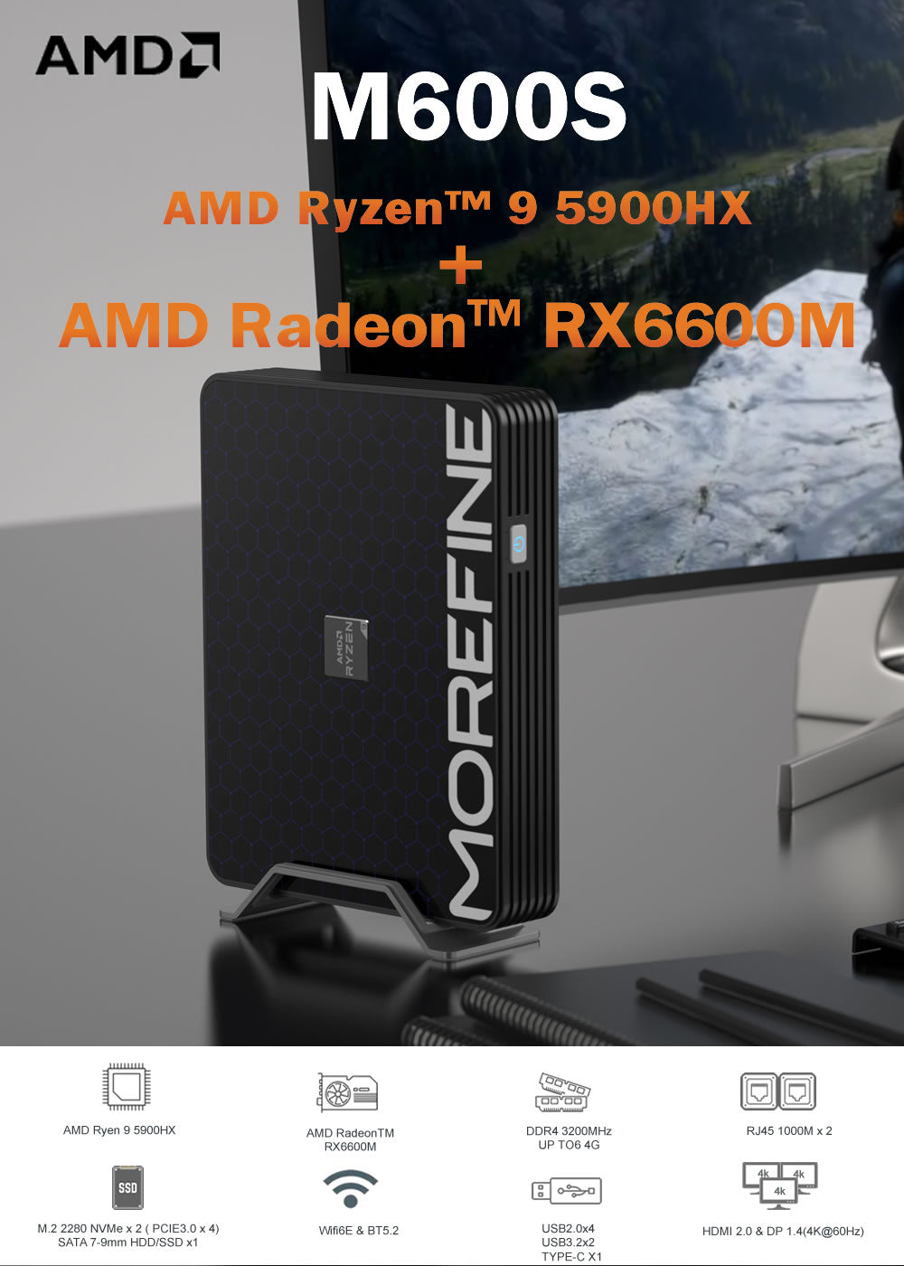 4K UHD GAME Mini PC AMD Ryzen 7 7735HS 32GB DDR5 512GB SSD Windows
